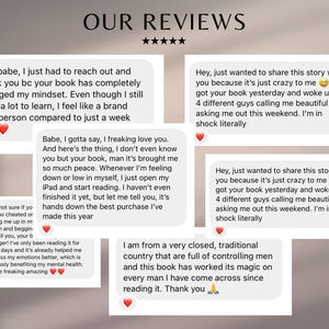 May include: Image featuring customer reviews with a five-star rating. The reviews are in speech bubbles, with text expressing positive experiences and emotional impact. The background is a gradient of brown and beige.