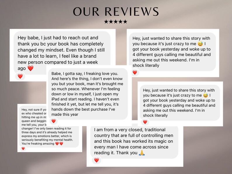 May include: Image featuring customer reviews with a five-star rating. The reviews are in speech bubbles, with text expressing positive experiences and emotional impact. The background is a gradient of brown and beige.