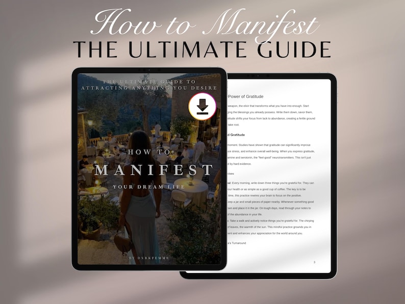 K&ouml;nnte beinhalten: Ein digitales Tablet zeigt den Text "How to Manifest THE ULTIMATE GUIDE". Das Tablet zeigt eine Frau, die in einem Restaurant geht. Der Text "How to Manifest Your Dream Life" ist ebenfalls sichtbar.
