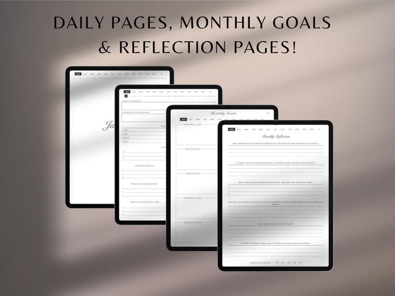 May include: Four black tablets displaying digital planner pages. The screens show daily, monthly, and reflection pages with text that reads "Daily Pages, Monthly Goals & Reflection Pages!". The pages have a minimalist design with lines and text fields.