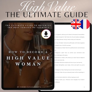 以下が含まれることがあります： ワイングラスを持った女性が描かれたデジタル書籍の表紙。表紙には「高価値の女性になる方法」というタイトルと「自分自身の最高のバージョンになるための究極のガイド」というテキストが書かれています。