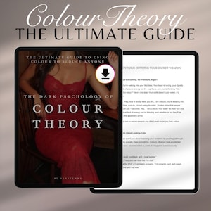 K&ouml;nnte beinhalten: Zwei digitale Tablets zeigen Inhalte. Eines zeigt eine Frau in einem roten Kleid mit dem Text "Colour Theory" und "The Dark Psychology of Colour Theory". Das andere Tablet zeigt Text &uuml;ber Outfits.