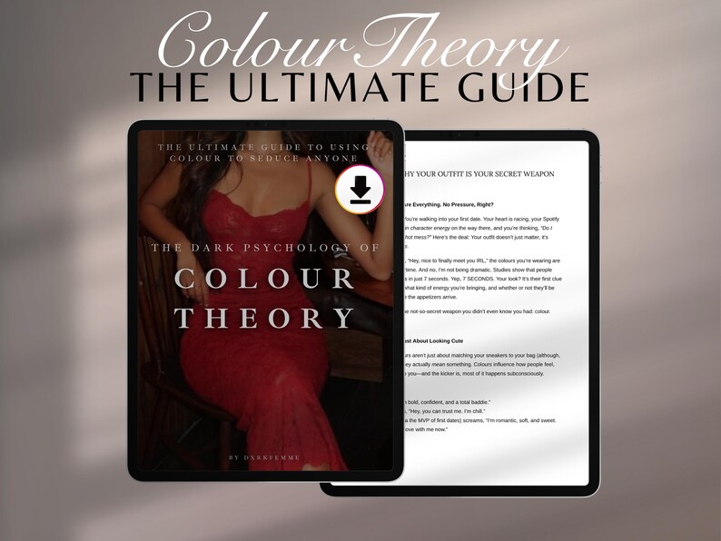 K&ouml;nnte beinhalten: Zwei digitale Tablets zeigen Inhalte. Eines zeigt eine Frau in einem roten Kleid mit dem Text "Colour Theory" und "The Dark Psychology of Colour Theory". Das andere Tablet zeigt Text &uuml;ber Outfits.