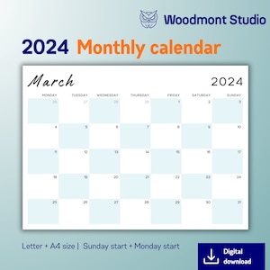 2024 Monthly Calendar, Optimized for space, Modern style, Landscape, Sunday & Monday Start, Letter and A4 Size, Wall Planner, PRINTABLE PDF