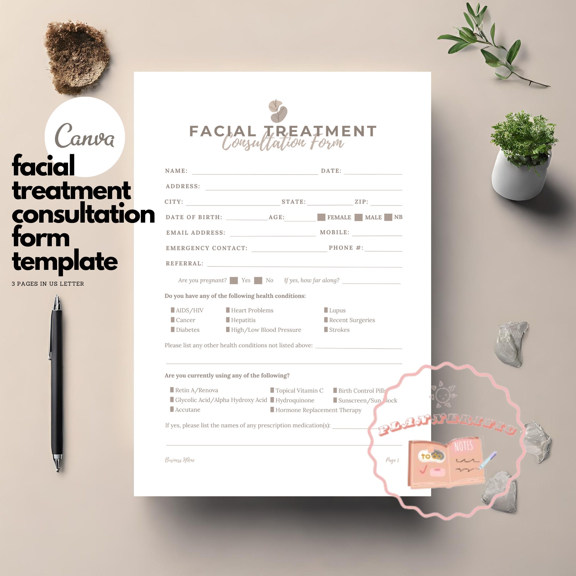 Facial Consultation Form Template, Client Intake Form, Beautysalon ...