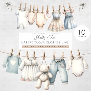 10 Shabby Chic aquarel waslijn cliparts | Babykleding, doe-het-zelfprojecten, scrapbooking en uitnodigingen | Transparante png-afbeeldingen 300 dpi
