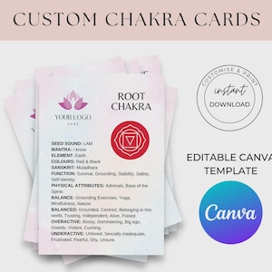 May include: Custom Chakra Cards with the text "ROOT CHAKRA" and a red circle with a triangle inside. The cards include information about the root chakra, including its mantra, element, and colors. The design also includes a Canva template.