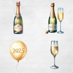 May include: A gold balloon with the number 2025 printed on it, two champagne bottles with cork stoppers, and two champagne flutes filled with champagne.