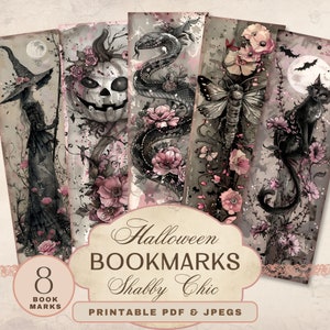 May include: Set of eight printable Halloween bookmarks featuring a spooky, gothic aesthetic. The bookmarks feature images of a witch, a jack-o-lantern, a snake, a moth, a cat, and floral elements. The text "Halloween Bookmarks Shabby Chic Printable PDF & JPEGS" is included in the image.
