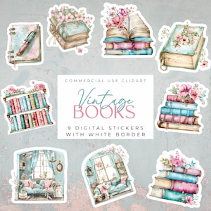 Vintage Bücher Clipart Sammlung | 9 Digitale Aufkleber zum Ausdrucken | Retro DIY Kühlschrankmagnete | 300 DPI | Drucken dann schneiden
