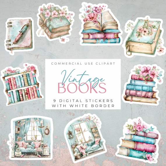 Vintage Books Clipart Collection | 9 Printable Digital Stickers | Retro DIY Fridge Magnets | 300 DPI | Print Then Cut