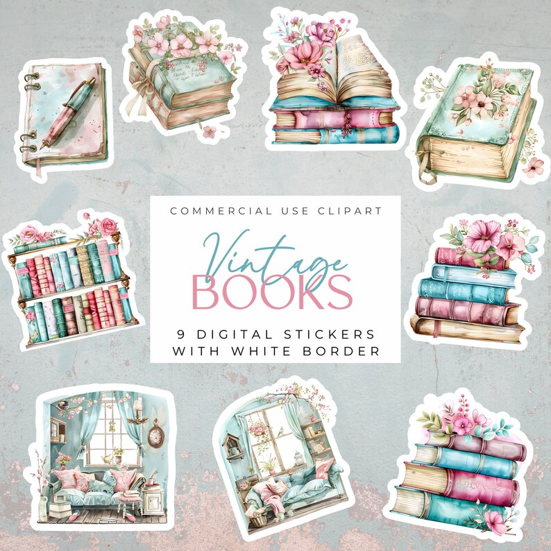 May include: Nine digital stickers featuring vintage books with floral accents. The stickers have a white border and are perfect for adding a touch of whimsy to your digital projects.