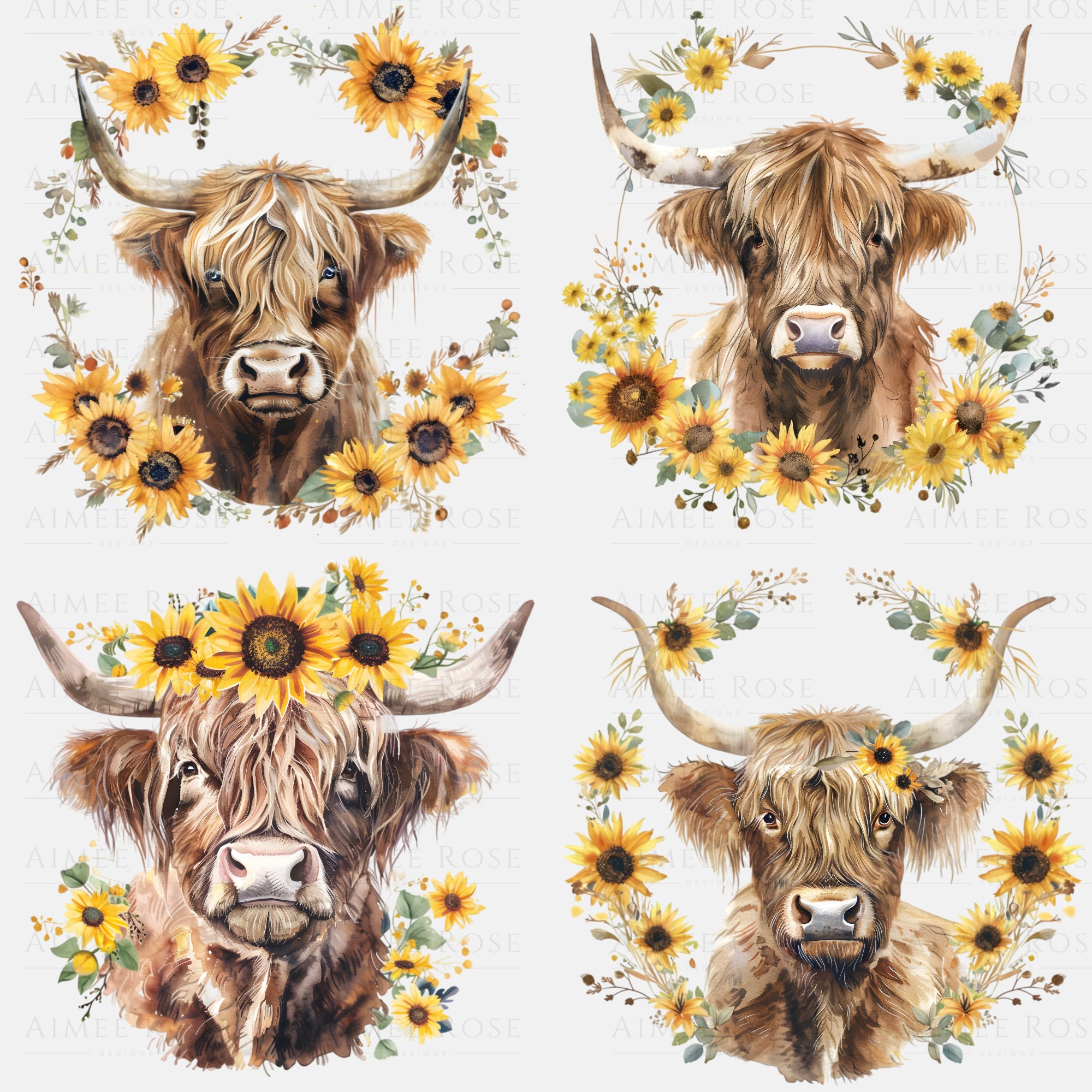 Highland Cow Clipart With Sunflowers, 12 PNG Images, Transparent Images ...