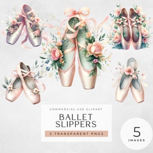 Ballet Slippers Clipart | Watercolour Floral Ballet Shoes | 5 PNG Images | 300 DPI |  Transparent Background | Digital Download