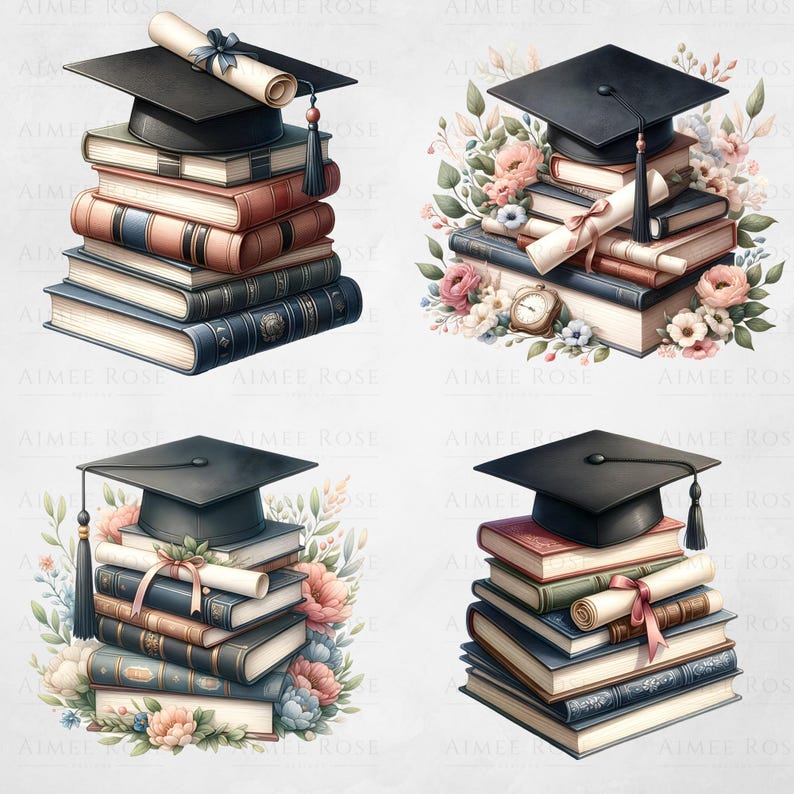 May include: Four illustrations of graduation caps and stacks of books with floral accents. Each illustration features a black graduation cap with a tassel and a stack of books with a rolled up scroll on top. The books are decorated with floral accents in shades of pink, white, and green.