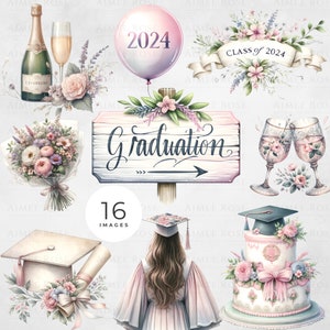 16 Shabby Chic Graduation Clipart Pack | Class of 2024 | Watercolour Graduation Elements | 16 PNG Images | 300 DPI | Floral Vintage Design