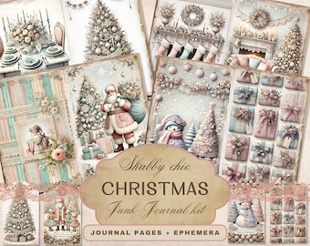 Shabby Chic Christmas Digital Junk Journal Kit - 15 vellen - dagboekpagina's, tags, ansichtkaarten, enveloppen en kortstondige ephemera - afdrukbaar voor knutselaars