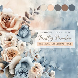 Dusty Blau, Creme und Blush Blumensträuße Clipart | 31 PNG | 6 Digitale Papiere | Aquarell Blumen | Hochzeitseinladungen etc