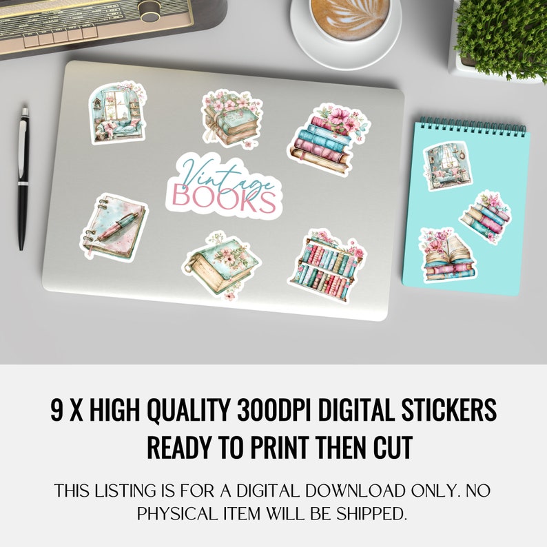 May include: Nine digital stickers featuring vintage books with floral accents. The stickers are ready to print and cut. The text "Vintage Books" is included in the image.
