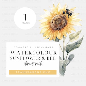 Watercolour Sunflower and Bee Clipart - Transparent Background PNG, Large Print Quality Digital Image, Floral & Insect, Craft and Design