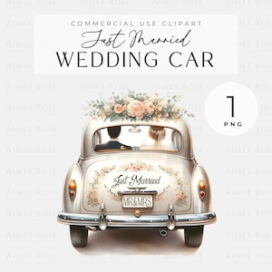 Vintage gerade verheiratet Hochzeit Auto Clipart - 300 DPI PNG | Grußkarten, Einladungen, Drucke, Sublimation, Junk Journals & Planer