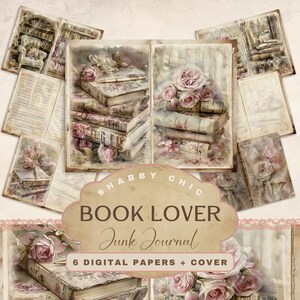 Book Lover Junk Journal digitale pagina's, Shabby Chic afdrukbare pagina's Craft, scrapbooking jpeg's, 11 x 8,5