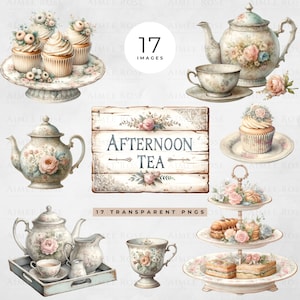 17 Shabby Chic Afternoon Tea Clipart Set | Vintage Floral Tea Party PNG Images |  300 DPI, Junk Journal, Scrapbooking, Hen Party Invitations