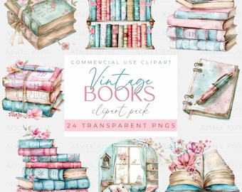 Vintage Books Clipart Collection - 24 Shabby Chic Book PNGs | Floral Antique Book Illustrations | High-Res 300 DPI for Crafting and Decor