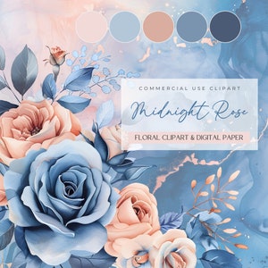 Blue and Blush Floral Clipart | 25 Bouquets | 6 Digital Papers | Colour Palette | Watercolour Flowers | Wedding Invitations | Scrapbooking