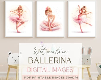 Ballerina Girls Printable Art Set -of 3 High Resolution PDF Downloads, Nursery Art, Gift for Girls