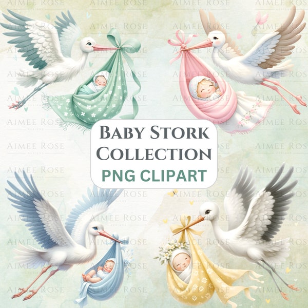 Baby Stork Clipart Bundle, High Quality PNG. Nursery Art, Card Making, Baby Girl and Boy