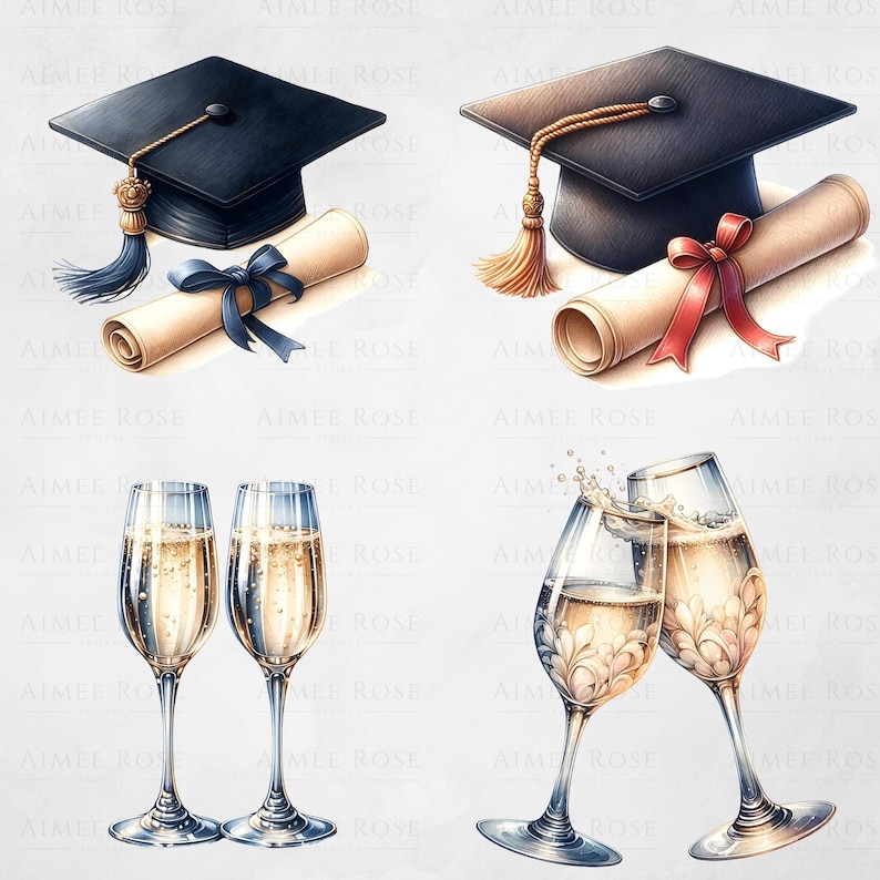 May include: Two black graduation caps with gold tassels, one with a red ribbon and a rolled diploma, and the other with a blue ribbon and a rolled diploma. Two champagne flutes with gold rims and a floral design, one with a splash of champagne.