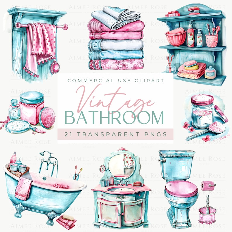 Vintage Bathroom Clipart Bundle - 21 PNG Transparent Images, 300 DPI ...