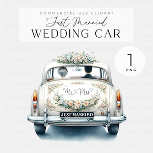 Hochzeit Auto Clipart | Vintage Just Married - Grußkarten, Einladungen, Drucke, Sublimation, Junk Journals & Planner | 300 DPI PNG