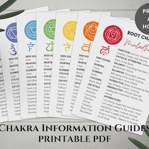 Puede incluir: Guías de información de chakras en PDF imprimibles. La imagen muestra varias tarjetas blancas con símbolos de chakras coloridos e información detallada. Las tarjetas incluyen texto sobre la función, el equilibrio y las afirmaciones de cada chakra.