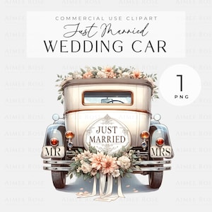 Just Married Hochzeit Auto PNG Clipart Vintage Stil - Grußkarten, Einladungen, Drucke, Sublimation, Junk Journals & Planer