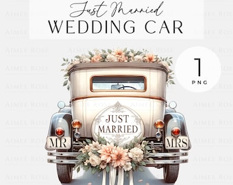 Just Married Wedding Car PNG Clipart Vintage Style - Greeting Cards, Invitations, Prints, Sublimation, Junk Journals & Planners