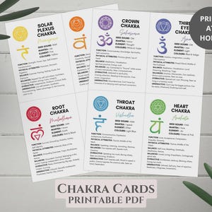 May include: A set of printable chakra cards with detailed information on each chakra, including seed sounds, mantras, and colors. The cards feature a variety of colors and symbols, with the text "PRINT AT HOME" in the upper right corner.