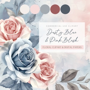 Stoffig blauw en roze bloemen clipart en digitaal papier, png's met hoge resolutie, scrapbooking, uitnodigingen en knutselen - commercieel gebruik