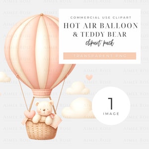 Bear in a Hot Air Balloon Clipart, Blush Pink, PNG di alta qualità. Arte per la scuola materna, creazione di cartoline, bambina.