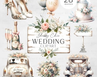 May include: A set of 28 shabby chic wedding clipart images. The images include a wedding cake, a sign, a bouquet of flowers, a car, a champagne bottle, two champagne glasses, a pair of high heels, and two balloons that say "Mr." and "Mrs."