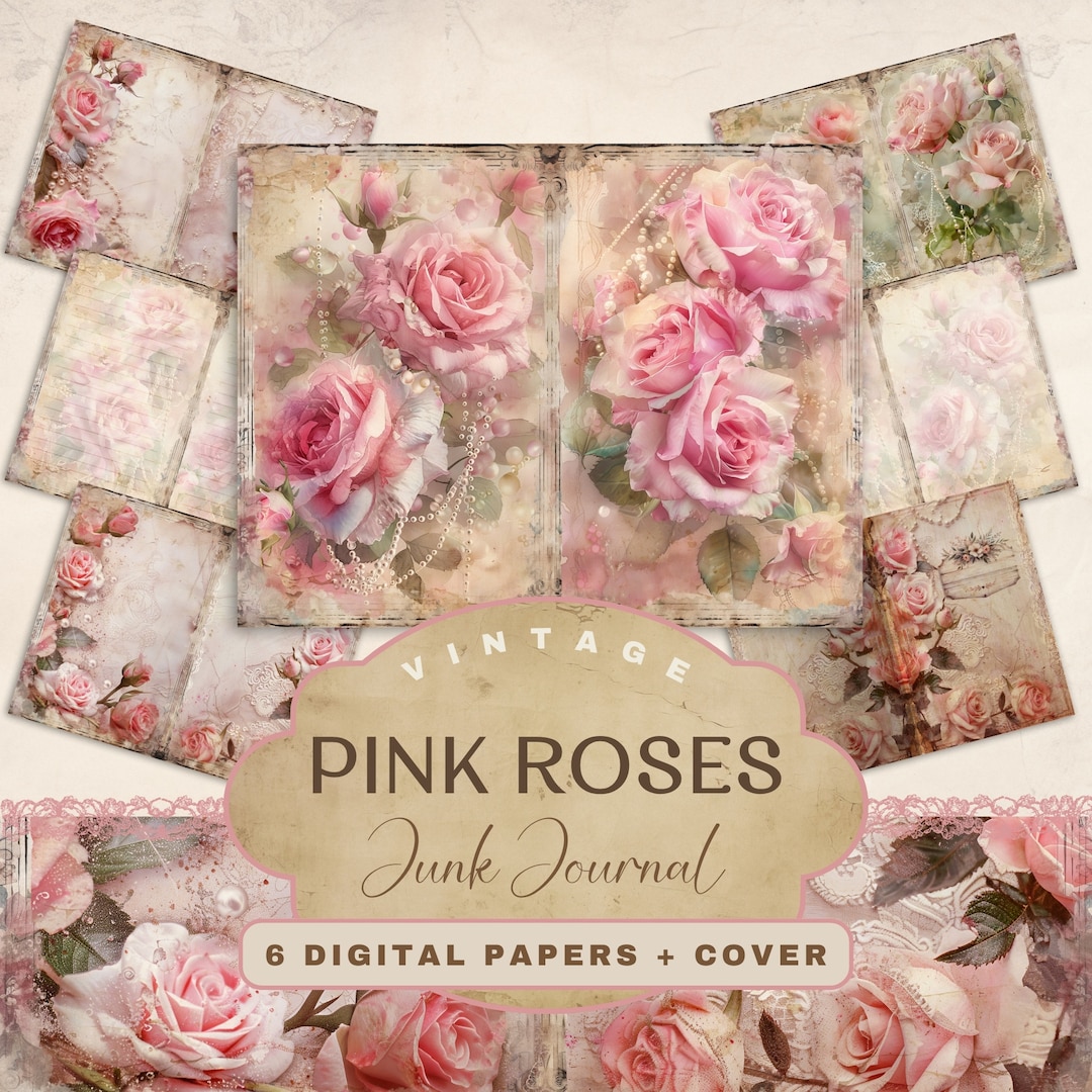 Vintage Pink Rose Junk Journal Digital Pages, Shabby Chic Printable ...