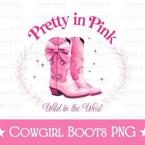 Botas de Cowgirl Rosa PNG – Pretty in Pink Wild in the West Sublimation Design – Download Digital Estético Ocidental, Barbiecore Cowgirl Clipart