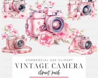 Zestaw Vintage Camera Clipart - Różowe Kwiatowe Aparaty PNG, Pobieranie Cyfrowe w Wysokiej Rozdzielczości, Fotografia Retro, Przezroczyste Tło, Scrapbooking