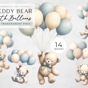 Aquarel teddybeer clipart met ballonnen - blauw en crème - 14 png's - schattig, pastelafbeeldingen voor ambachten, kinderkamerkunst, uitnodigingen,