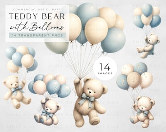 Watercolour Teddy Bear Clipart with Balloons - Blue and Cream - 14 PNGs - Cute, Pastel images for Crafts, Nursery Art, Invitations,