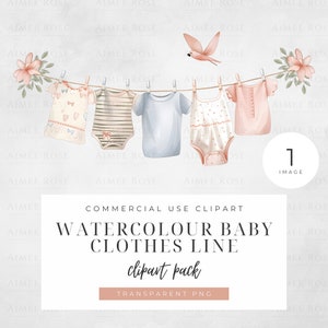 Clipart vêtements bébé - jolie corde à linge pour chambre d'enfant PNG, téléchargement numérique haute résolution, décorations pour baby shower, Illustration Pastel grenouillère