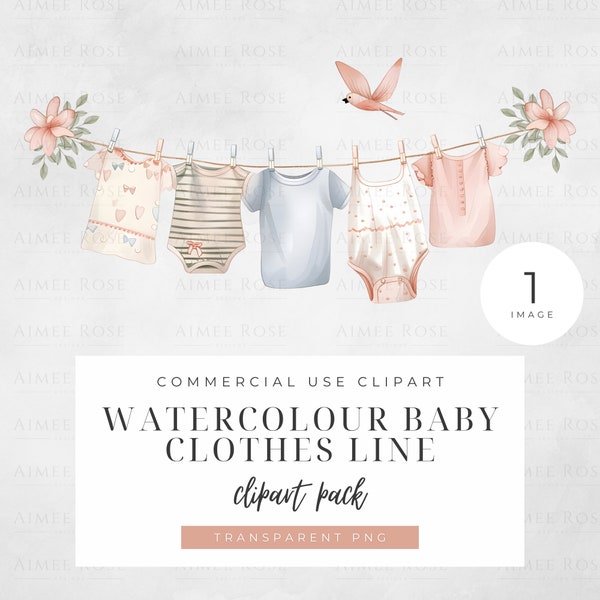 Baby Clothes Clipart - Cute Nursery Clothesline PNG, High-Resolution Digital Download, Baby Shower Decorations, Pastel Onesies Illustration