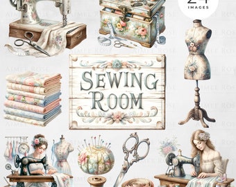 24 Shabby Chic Sewing Room Clipart Vintage Sewing Machine, Scissors, Pin Cushion, Fabric Rolls, Sewing Box, Sewing Room Decor | PNG Images