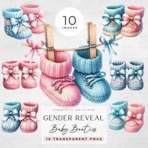 Clipart de botines de bebé con revelación de género, 10 imágenes PNG, Baby Shower, invitaciones, tarjetas, sublimación, nuevo bebé, arte infantil